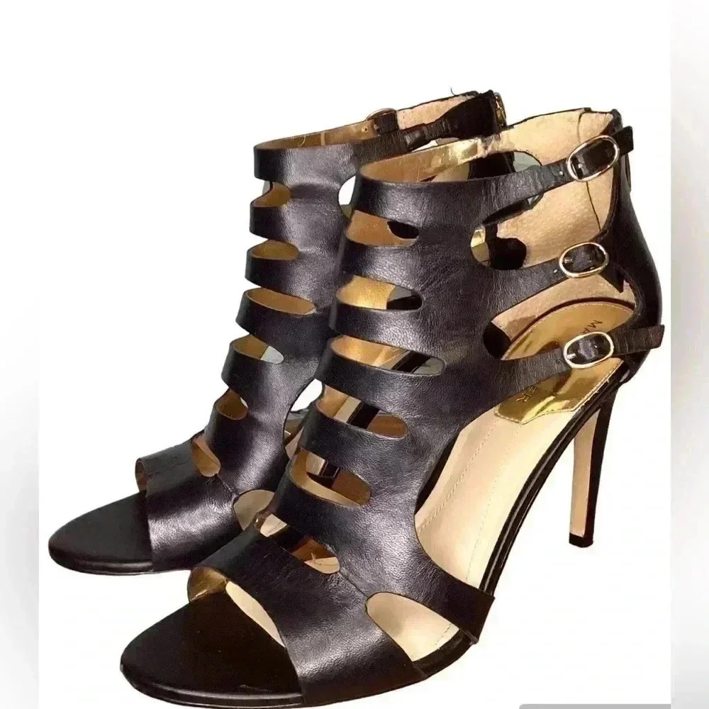 Marc Fisher Black Leather Jambee Heel Sandals Size 8M